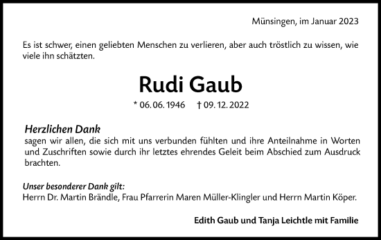 Traueranzeige von Rudi Gaub von Alb-Bote/Metzinger-Uracher Volksblatt