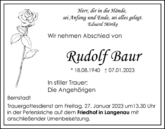 Traueranzeige von Rudolf Baur von SÜDWEST PRESSE Ausgabe Ulm/Neu-Ulm