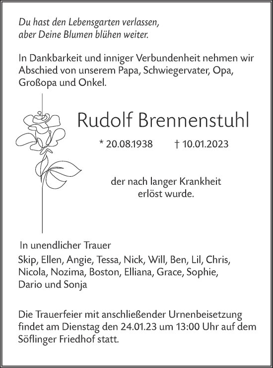 Traueranzeige von Rudolf Brennenstuhl von SÜDWEST PRESSE Ausgabe Ulm/Neu-Ulm