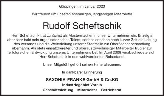 Traueranzeige von Rudolf Scheftschik von NWZ Neue Württembergische Zeitung