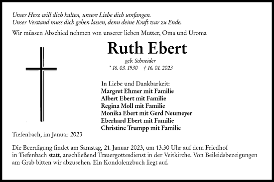 Traueranzeige von Ruth Ebert von Hohenloher Tagblatt