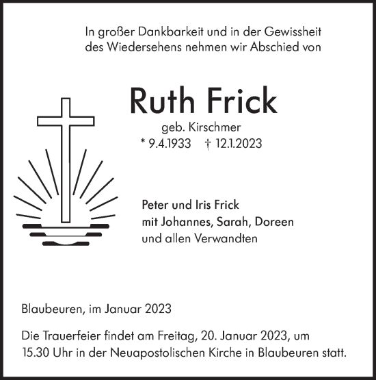 Traueranzeige von Ruth Frick von SÜDWEST PRESSE Ausgabe Ulm/Neu-Ulm