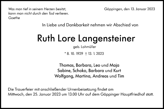 Traueranzeige von Ruth Lore Langensteiner von NWZ Neue Württembergische Zeitung