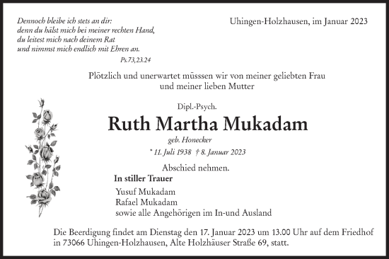 Traueranzeige von Ruth Martha Mukadam von NWZ Neue Württembergische Zeitung