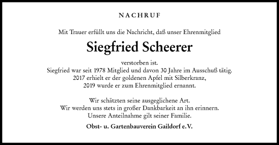 Traueranzeige von Siegfried Scheerer von Rundschau Gaildorf