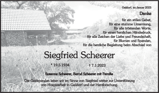 Traueranzeige von Siegfried Scheerer von Rundschau Gaildorf