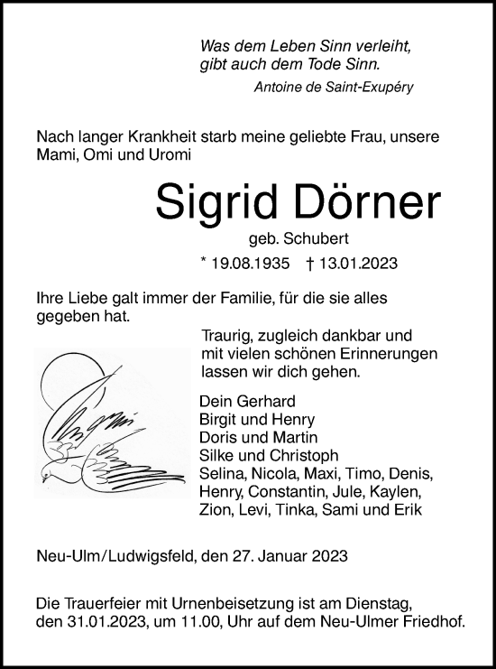 Traueranzeige von Sigrid Dörner von SÜDWEST PRESSE Ausgabe Ulm/Neu-Ulm