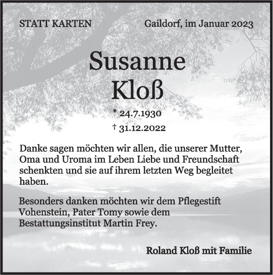 Traueranzeige von Susanne Kloß von Rundschau Gaildorf