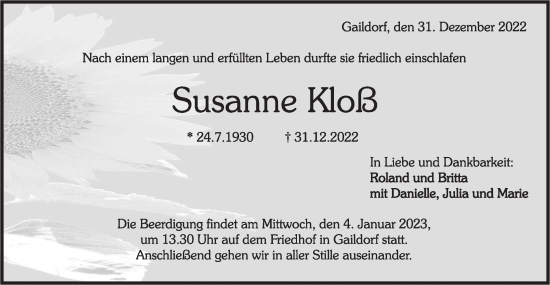 Traueranzeige von Susanne Kloß von Rundschau Gaildorf