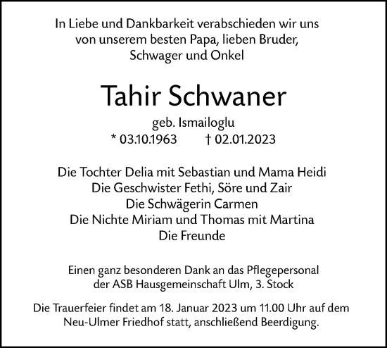 Traueranzeige von Tahir Schwaner von SÜDWEST PRESSE Ausgabe Ulm/Neu-Ulm