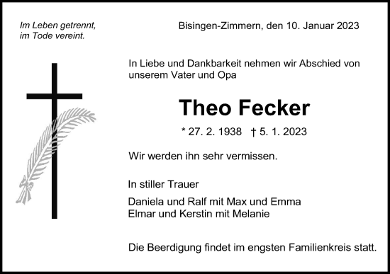 Traueranzeige von Theo Fecker von Metzinger-Uracher Volksblatt