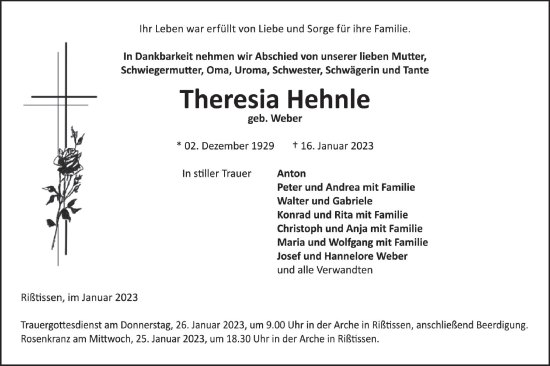 Traueranzeige von Theresia Hehnle von Ehinger Tagblatt