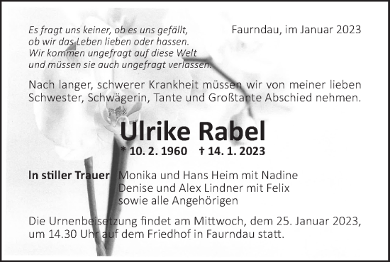 Traueranzeige von Ulrike Rabel von NWZ Neue Württembergische Zeitung