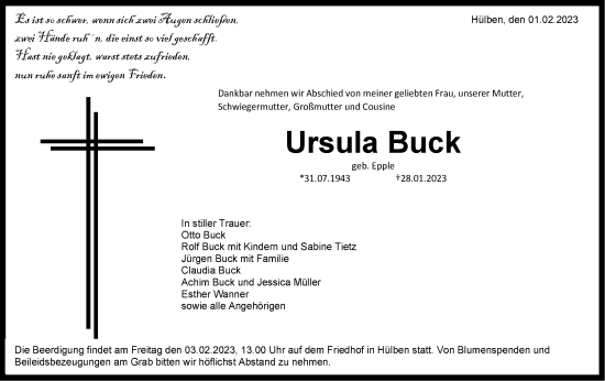 Traueranzeige von Ursula Buck von Metzinger-Uracher Volksblatt