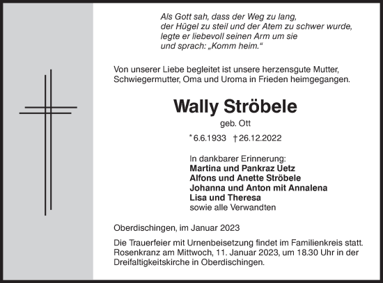 Traueranzeige von Wally Ströbele von Ehinger Tagblatt