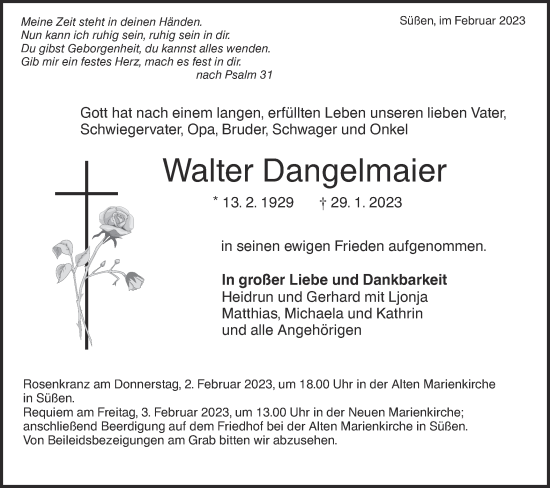 Traueranzeige von Walter Dangelmaier von NWZ Neue Württembergische Zeitung