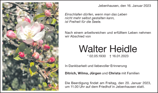 Traueranzeige von Walter Heidle von NWZ Neue Württembergische Zeitung