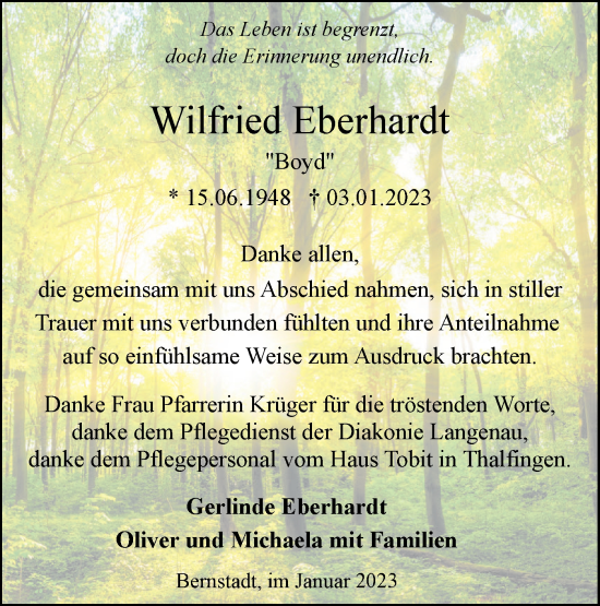 Traueranzeige von Wilfried Eberhardt von SÜDWEST PRESSE Ausgabe Ulm/Neu-Ulm