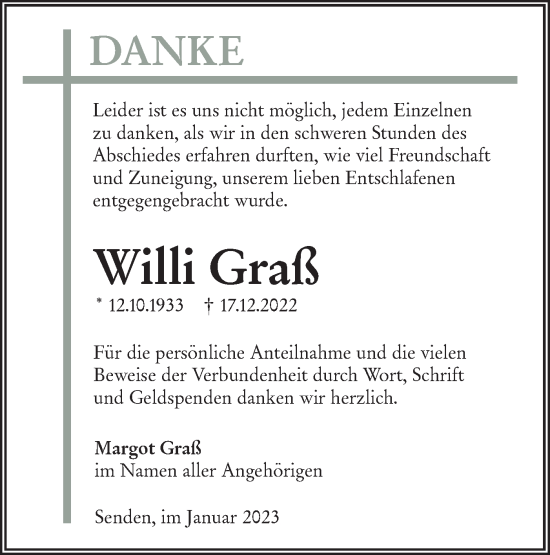 Traueranzeige von Willi Graß von SÜDWEST PRESSE Ausgabe Ulm/Neu-Ulm