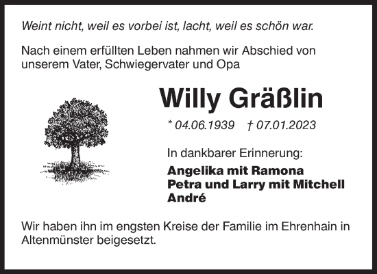 Traueranzeige von Willy Gräßlin von Hohenloher Tagblatt