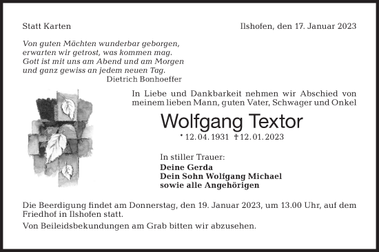 Traueranzeige von Wolfgang Textor von Haller Tagblatt