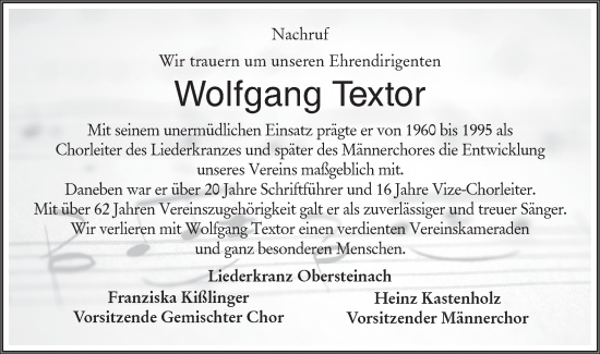 Traueranzeige von Wolfgang Textor von Haller Tagblatt