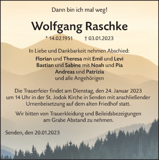 Traueranzeige von Wolfgang Raschke  von SÜDWEST PRESSE Ausgabe Ulm/Neu-Ulm