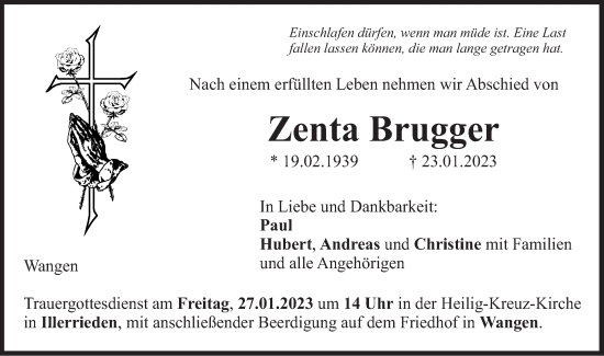 Traueranzeige von Zenta Brugger von SÜDWEST PRESSE Ausgabe Ulm/Neu-Ulm