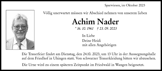 Traueranzeige von Achim Nader von NWZ Neue Württembergische Zeitung