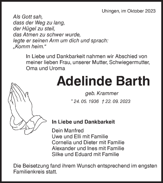 Traueranzeige von Adelinde Barth von NWZ Neue Württembergische Zeitung