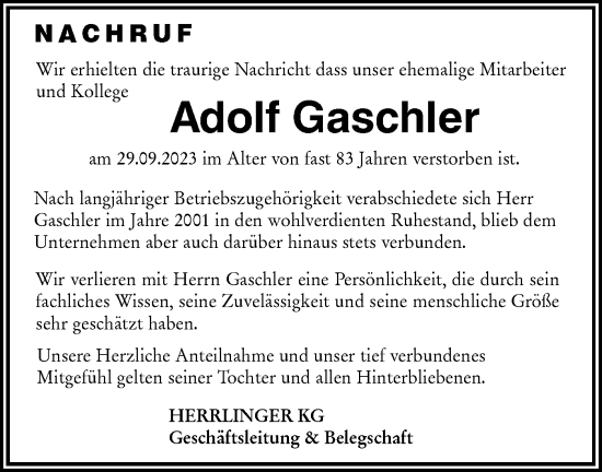 Traueranzeige von Adolf Gaschler von NWZ Neue Württembergische Zeitung