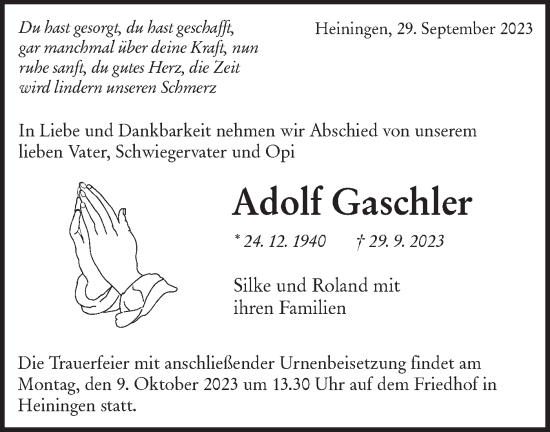 Traueranzeige von Adolf Gaschler von NWZ Neue Württembergische Zeitung