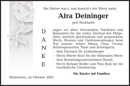 Traueranzeige von Afra Deininger von Haller Tagblatt