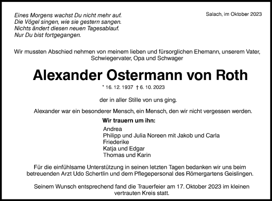 Traueranzeige von Alexander Ostermann von Roth von NWZ Neue Württembergische Zeitung/Geislinger Zeitung