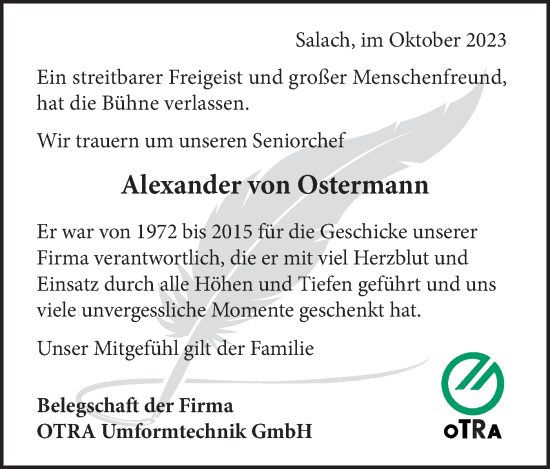 Traueranzeige von Alexander Ostermann von Roth von NWZ Neue Württembergische Zeitung