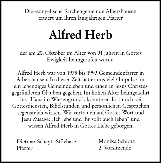 Traueranzeige von Alfred Herb von NWZ Neue Württembergische Zeitung