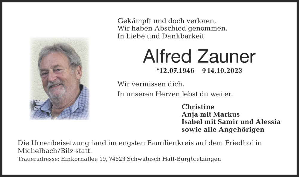  Traueranzeige für Alfred Zauner vom 28.10.2023 aus Haller Tagblatt