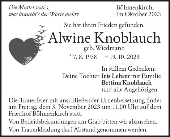 Traueranzeige von Alwine Knoblauch von Geislinger Zeitung