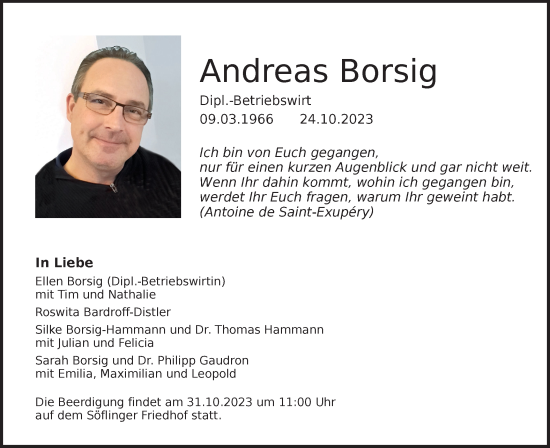 Traueranzeige von Andreas Borsig von SÜDWEST PRESSE Ausgabe Ulm/Neu-Ulm