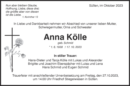 Traueranzeige von Anna Kölle von NWZ Neue Württembergische Zeitung