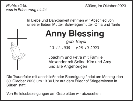 Traueranzeige von Anny Blessing von NWZ Neue Württembergische Zeitung