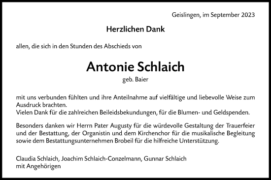 Traueranzeige von Antonie Schlaich von SÜDWEST PRESSE