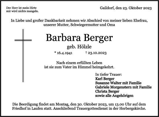 Traueranzeige von Barbara Berger von Rundschau Gaildorf