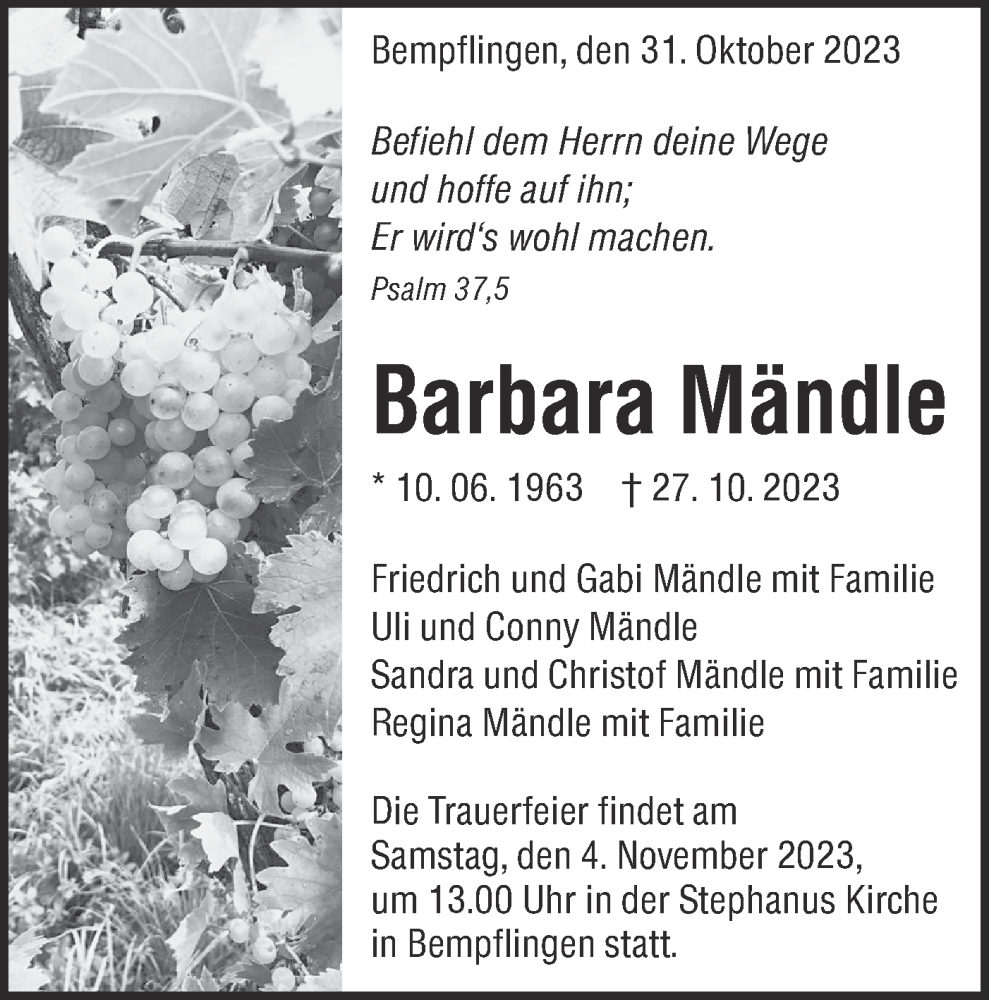  Traueranzeige für Barbara Mändle vom 31.10.2023 aus SÜDWEST PRESSE/SÜDWEST PRESSE