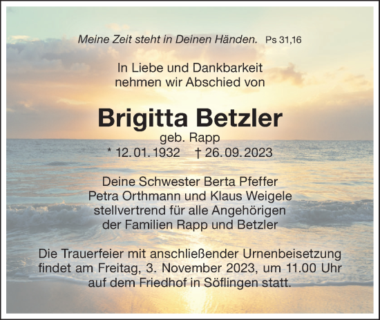 Traueranzeige von Brigitta Betzler von SÜDWEST PRESSE Ausgabe Ulm/Neu-Ulm