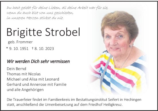 Traueranzeige von Brigitte Strobel von Hohenzollerische Zeitung