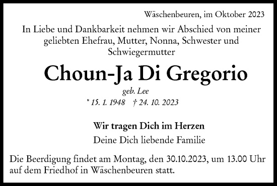 Traueranzeige von Choun-Ja Di Gregorio von NWZ Neue Württembergische Zeitung