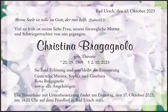 Traueranzeige von Christina Bragagnolo von SÜDWEST PRESSE/SÜDWEST PRESSE