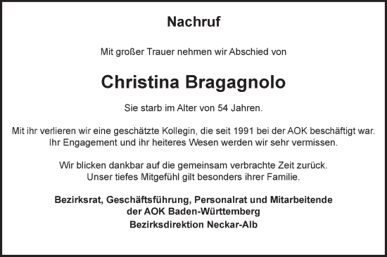 Traueranzeige von Christina Bragagnolo von SÜDWEST PRESSE/SÜDWEST PRESSE