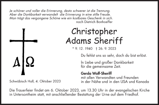 Traueranzeige von Christopher Adams Sheriff von Haller Tagblatt